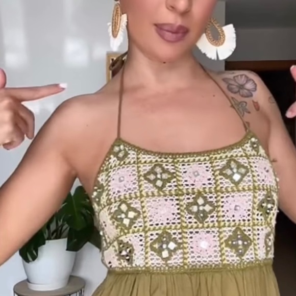 KHAKI BEADED MIDI CROCHET DRESS - Picture 8 of 8